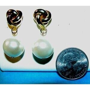 Vintage 1970's Gold Love Knot Big Faux Pearl Go Go Dangle Earring Excellent